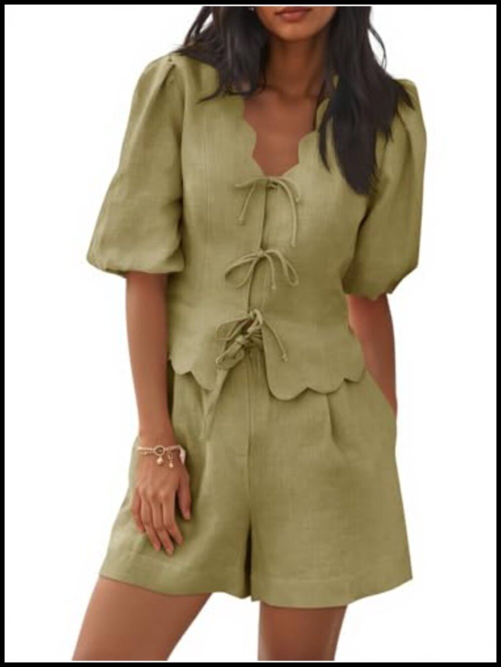 Women's 2 Piece Pajama Set Puff Sleeve Ruffle V Neck Bow Tie Lounge Shorts